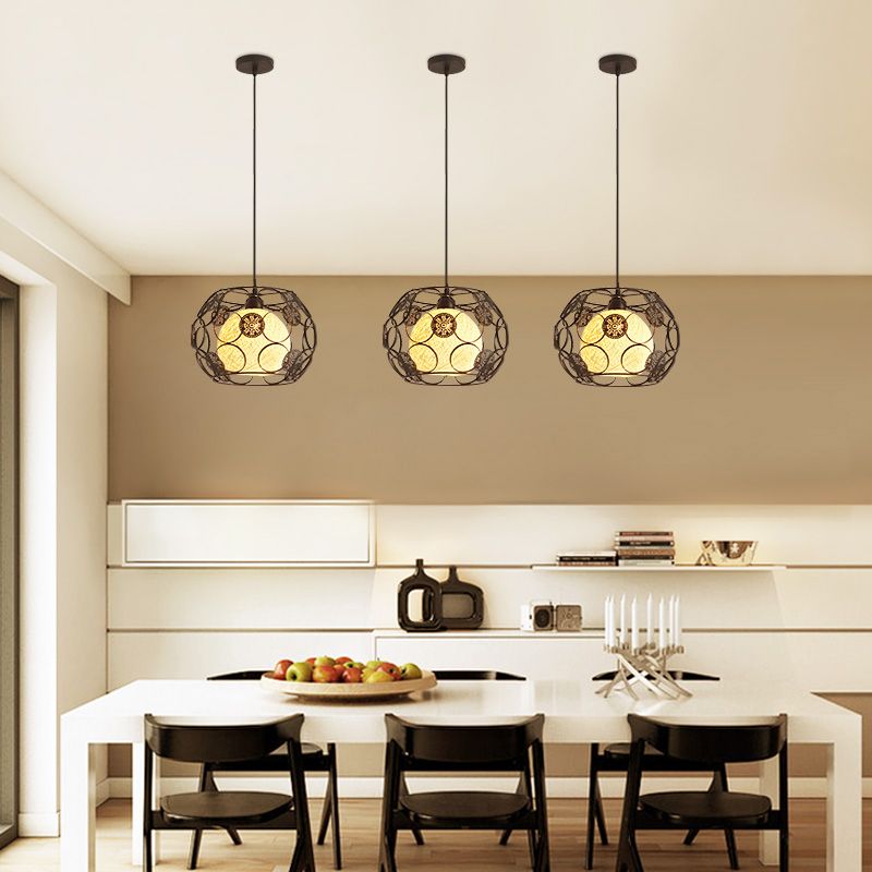1 Head Cage Suspended Lighting Fixture Retro Metal Black Pendant Lamp for Restaurant