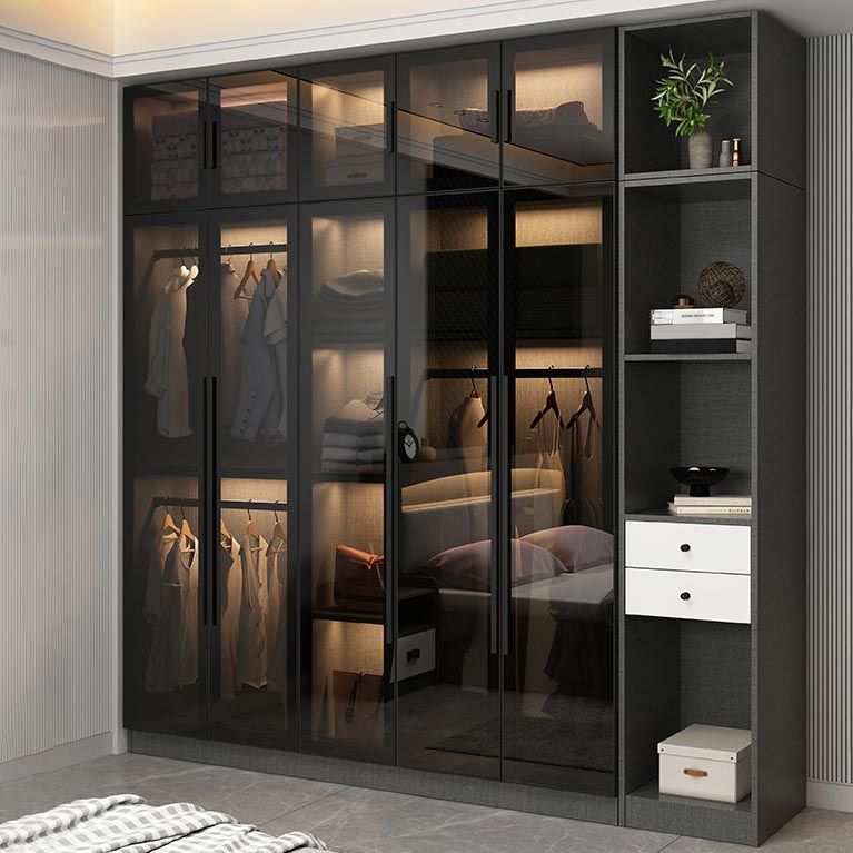 Contemporary Wardrobe Armoire with Shelves Wood and Glass Wardrobe Closet