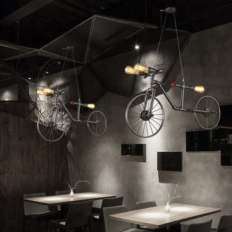Iluminación colgante en forma de bicicleta de bronce estilo de metal antiguo 3 luces de techo interior con diseño de tubería