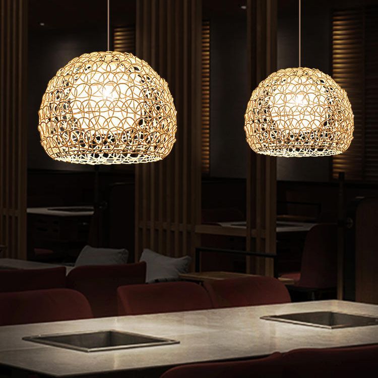 1 Light Half-circle Pendant Asia Rattan Ceiling Pendant Light with Hanging Cord for Bedroom