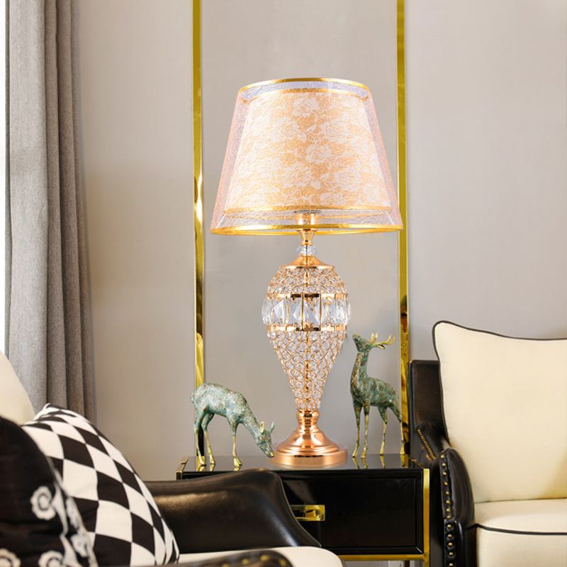 Teardrop Living Room Table Lighting Traditional Crystal 1-Light Gold Night Lamp with 2-Layer Patterned Fabric Shade