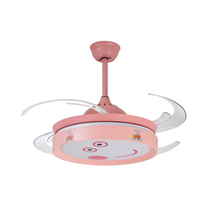 Pink Round 4 Blades Semi Flush Mount Light Kids LED Metallic Hanging Fan Lamp Fixture with Cartoon Pig Pattern, 47" W
