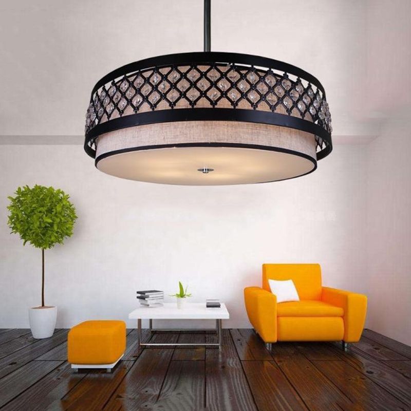 Hand Sewn Fabric Drum Pendant Farmhouse 5-Light Bedroom Chandelier Lighting with Crystal Detailing Cage Guard, Black