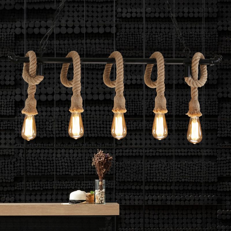Water Pipe Metallic Hanging Lamp Rustic Style Restaurant Island Chandelier Light with Hemp Rope in Black