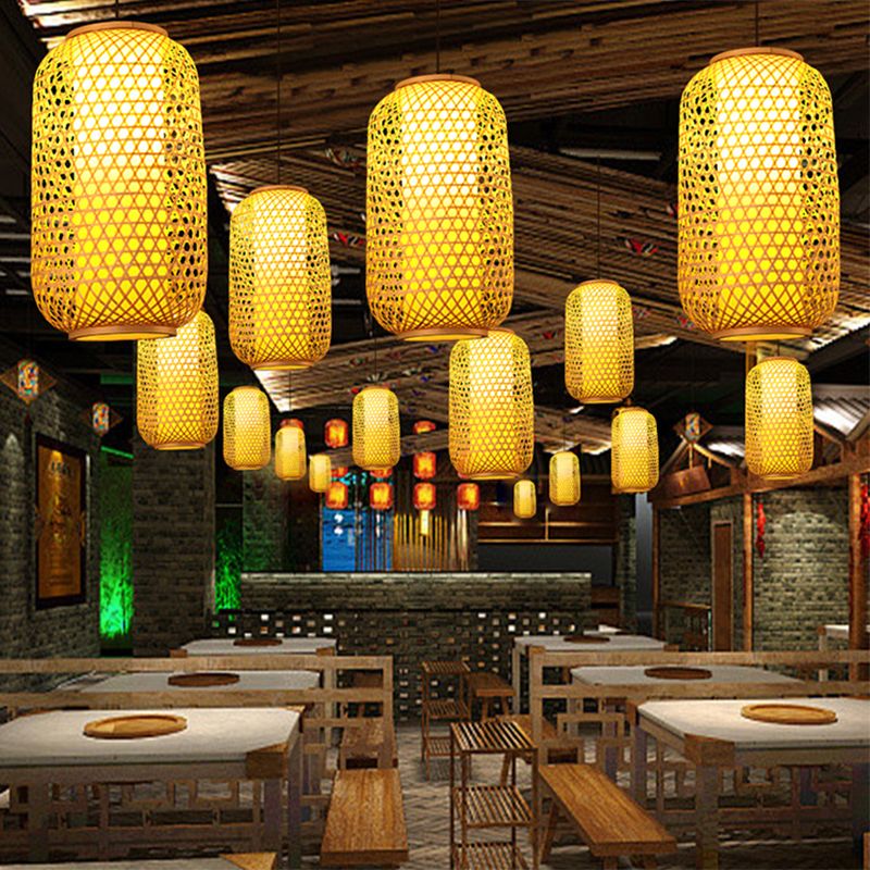 1 Light Lantern Hanging Light Fixtures Japanese Bamboo Ceiling Pendant for Restaurant