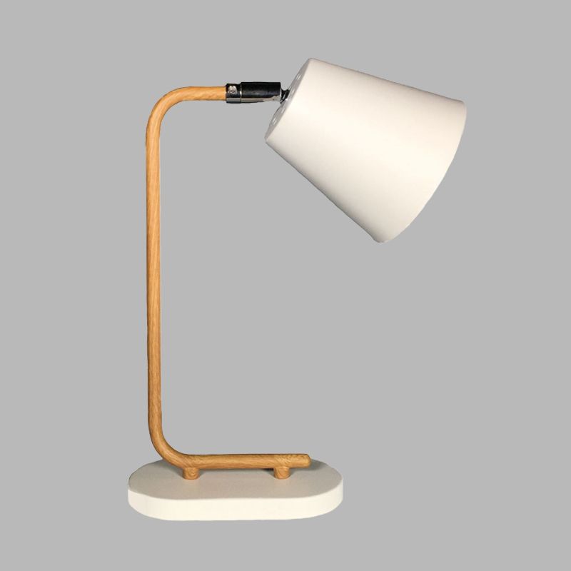 Lámpara de mesa cónica de metal con enchufe blanco, moderna, 1 bombilla, con brazo delgado de madera