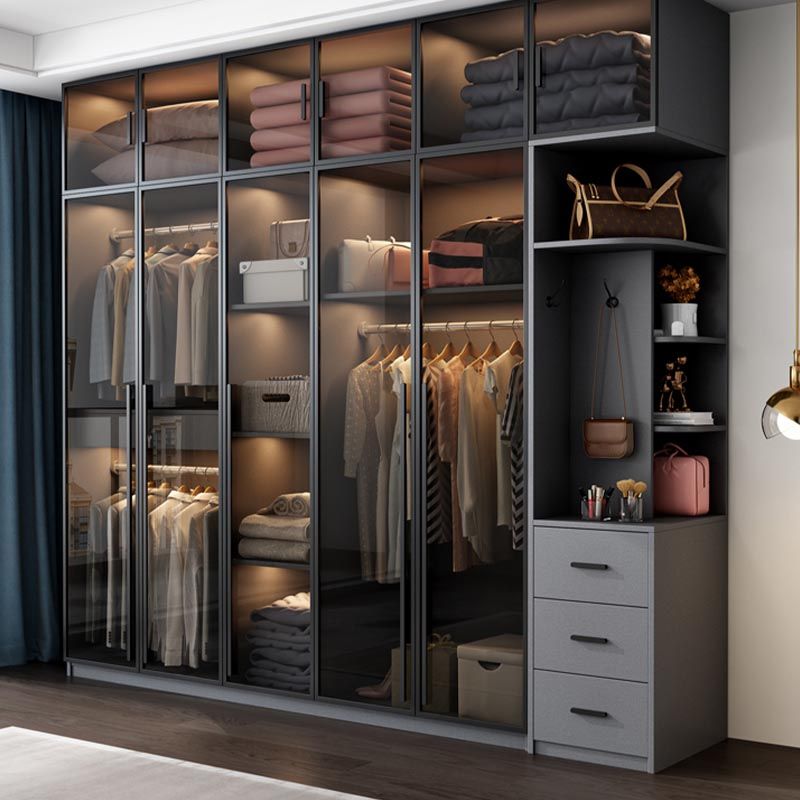 Modern Style Hinged Door Wardrobe for Bedroom Grey Cabinet with Glass Doors