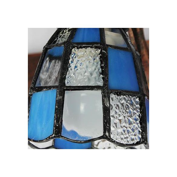 Stained Glass Dome Wall Lighting with Square/Blue Square Pattern and Linear Backplate Vintage Retro 3 Lights Sconce Lighting in Copper/Antique Brass/Brass