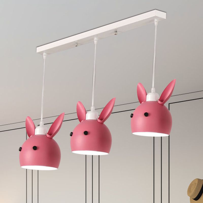Macaron 3-Light Multiple Hanging Light Grey/Pink Rabbit Head Shape Pendulum Lamp with Metal Shade