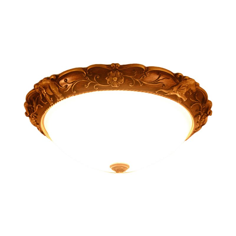 Opaline Glass Brass Flush Lamp Dome 16"/19.5" W 3-Bulb Rustic Style Ceiling Fixture with Carving Flower and Elephant Trim