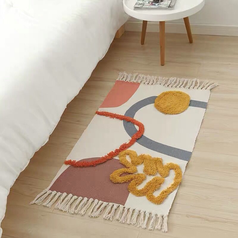 Multicolor Diamond Patterned Rug Cotton Funky Rug Machine Washable Pet Friendly Carpet for Bedroom