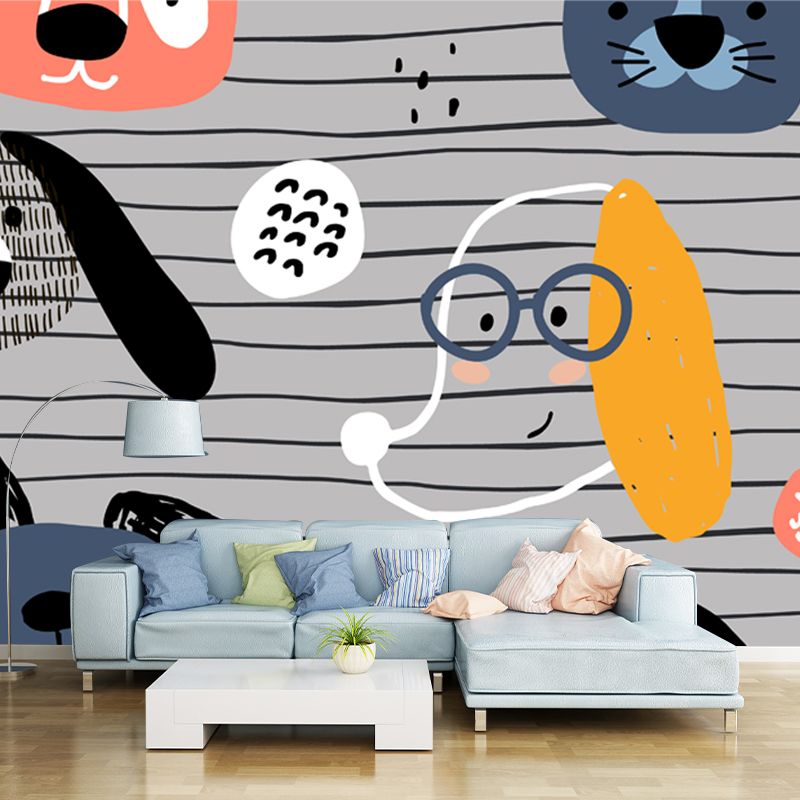Whole Cartoon Wallpaper Mural Grey Dog Head on Stripe Background Wall Art, Size Optional