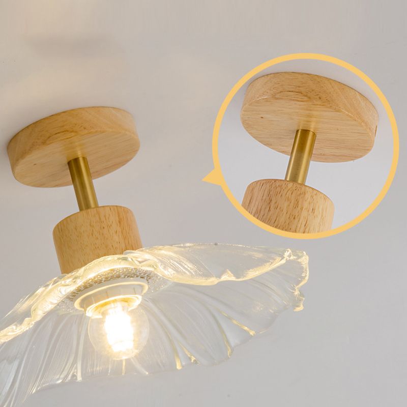 Modern Ceiling Lamp Wooden Flush Mount Light Fixture with Glass Shade for Bedroom