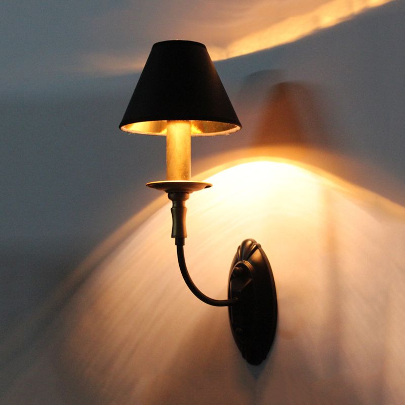 Black 1/2-Bulb Wall Lamp Sconce Vintage Fabric Barrel Wall Mounted Light with Curvy Arm for Hallway