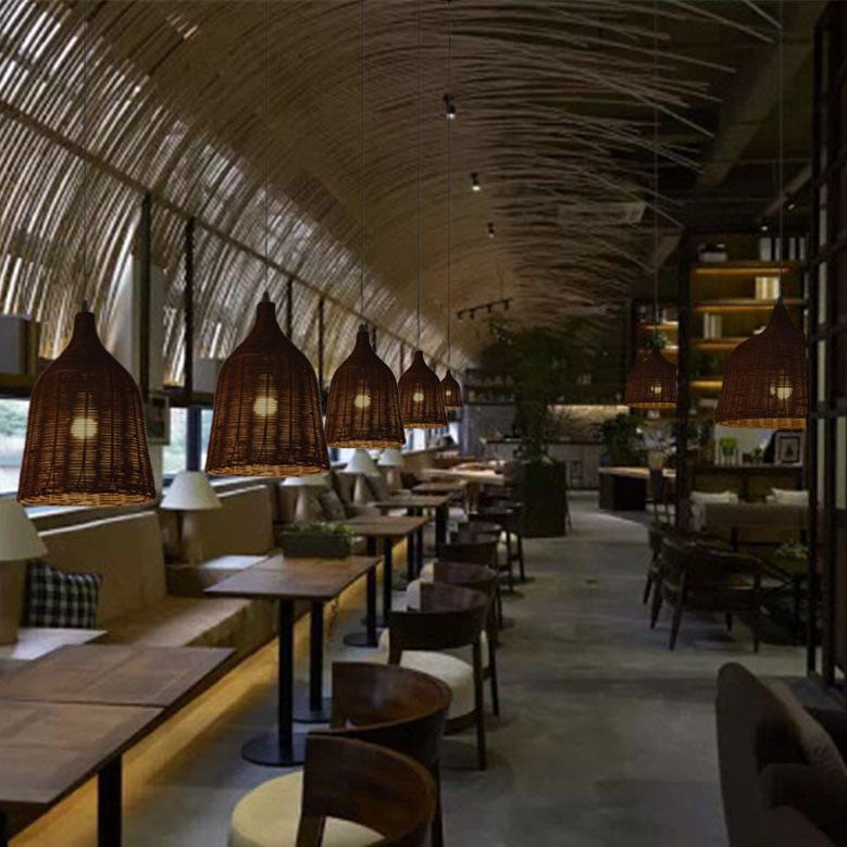 Chinese Basket Pendant Lighting Fixtures Rattan Hanging Light with Hanging Cord for Restaurant