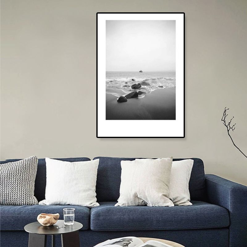 Tropical Rocky Bay Seascape Canvas Print Dark Color Textured Wall Art for Living Room