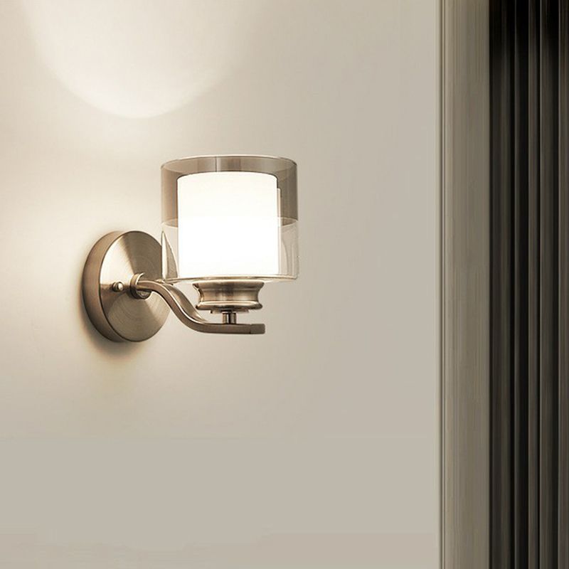 Dual Glass White Wall Sconce Cylindrical 1 Head Minimalistic Wall Mount Lamp for Bedroom