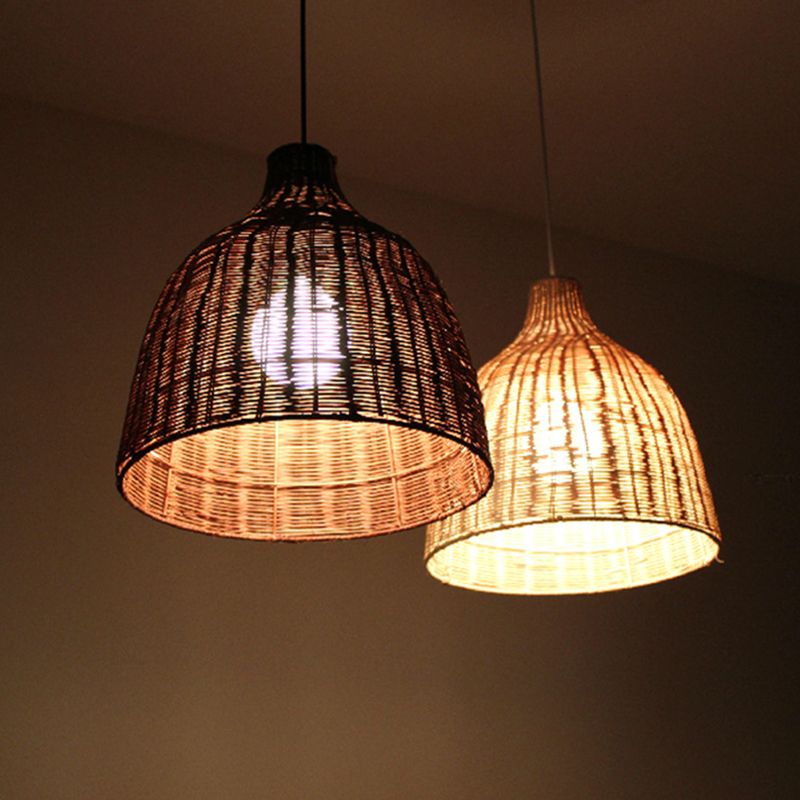 Farmhouse Natural Cloche Bamboo Pendant Lighting 1-Light  Dining Room Hanging Lamp