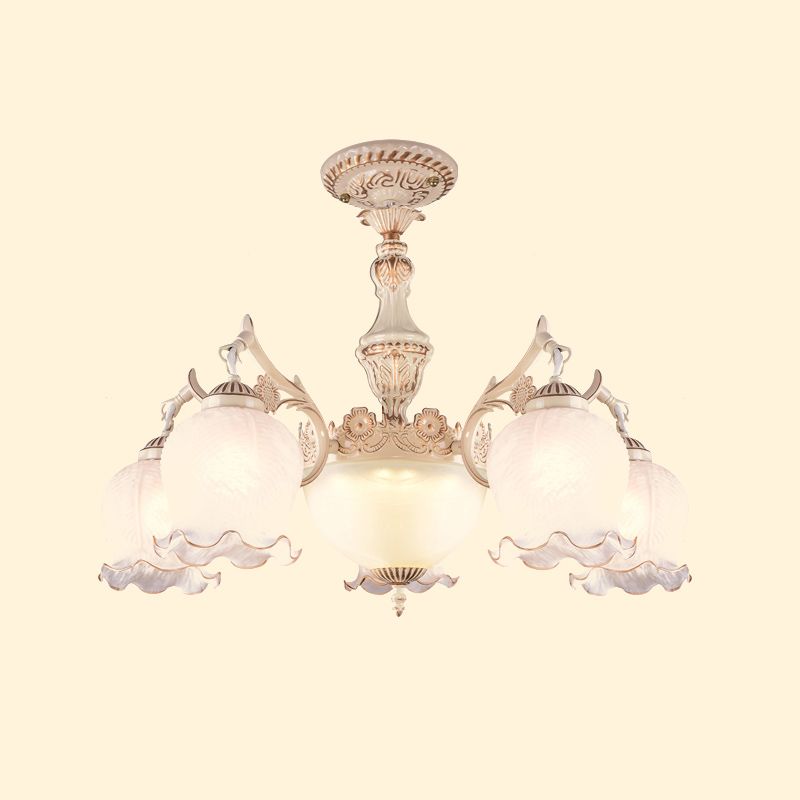 White Glass Floral Ceiling Light Rustic 7/9/11 Heads Living Room Semi Flush Mount Lighting