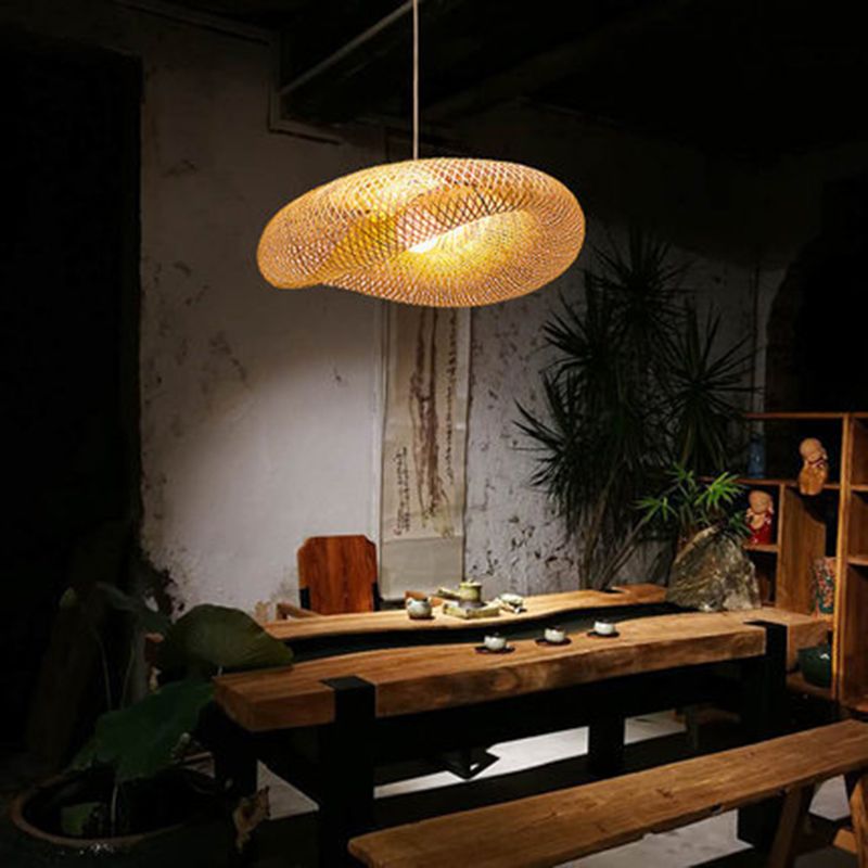 Beige Hat Shaped Pendant Lighting Fixture Asia Style Bamboo Hanging Pendant Light