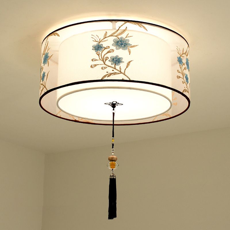 White Geometric Flush Mount in Traditional Concise Style Wrought Iron Ceiling Light with Fabric Shade