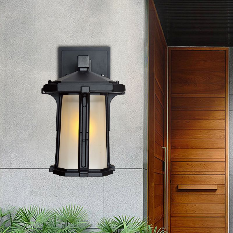 Tan/White Glass Lantern Sconce Retro Style Single Head Outdoor Wall Mounted Light Fixture