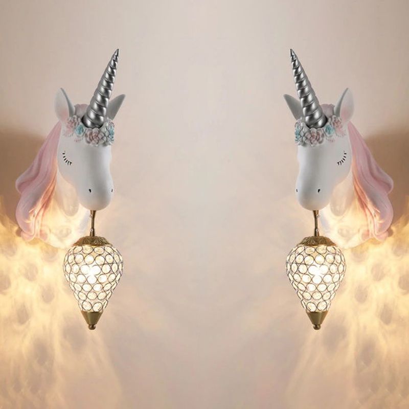 Crystal Droplet Wall Mount Light Cartoon 1-Bulb Sconce Fixture with Unicorn Deco for Kids Room