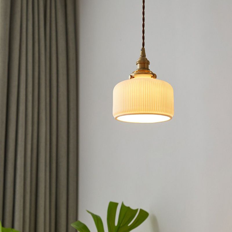 Retro Style Rounded Drum Suspension Lighting 1 Head Ceramic Pendant Ceiling Light in Brass