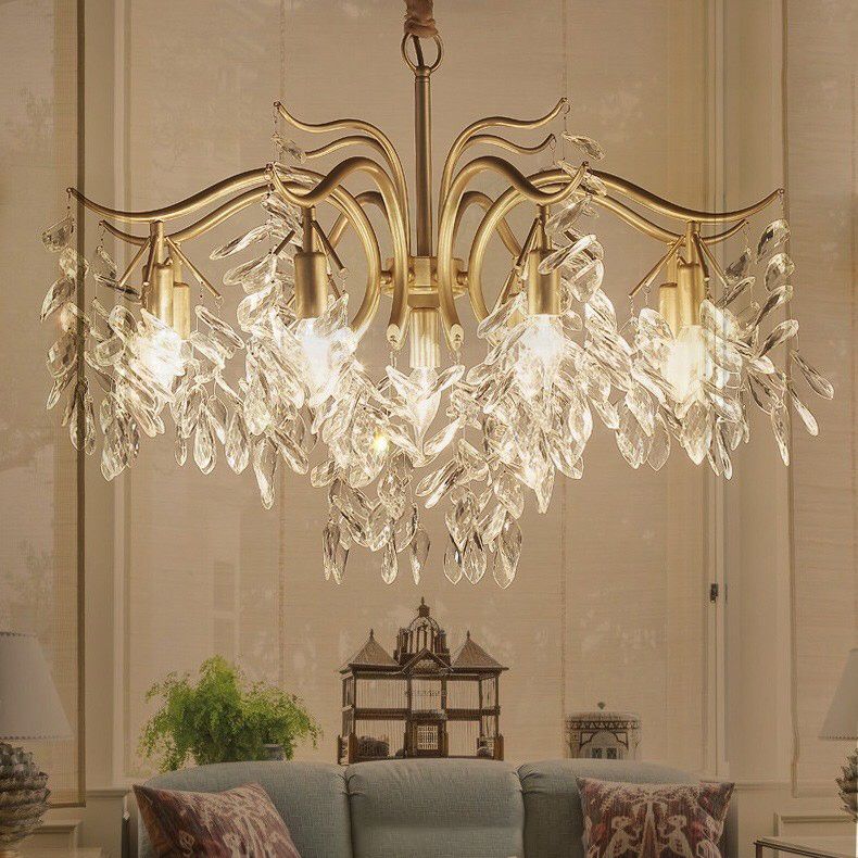 Crystal Leaf Pendant Light Fixture Country Style Living Room Chandelier in Gold