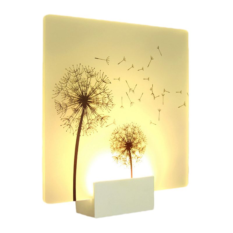 Chinese Square Acrylic Wall Mural Lamp LED Wall Mount Light Fixture in White with Dandelion Pattern