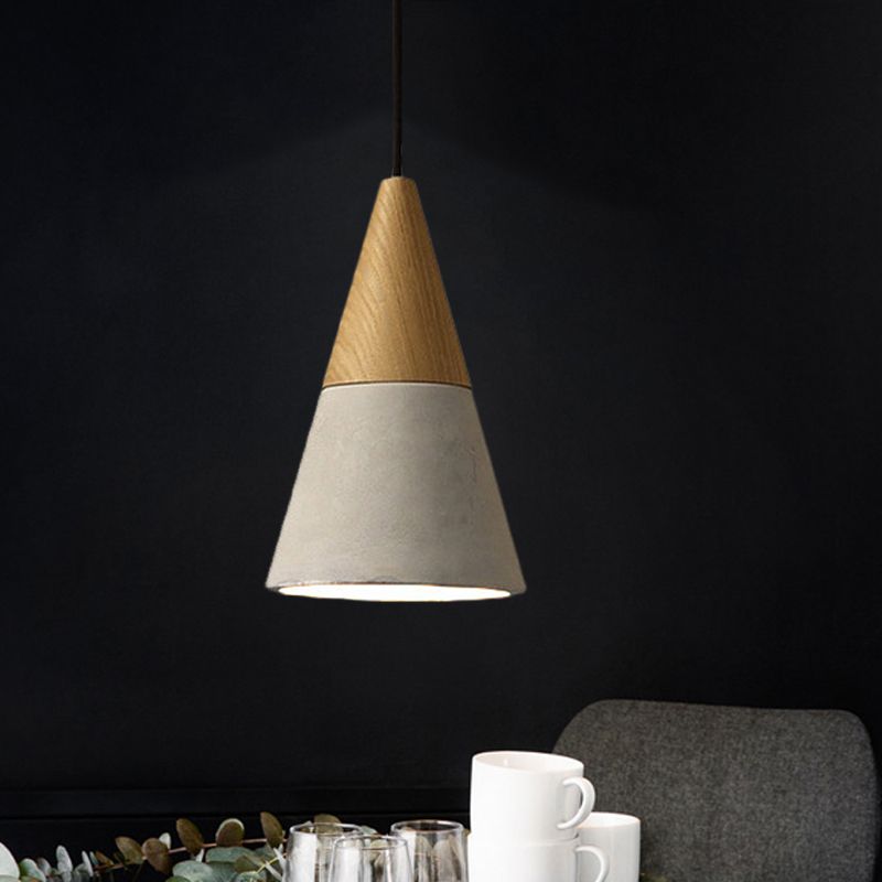 Cement Grey Hanging Light Kit Cone/Trapezoid/Can 1-Head 8.5"/10"/12" High Industrial Pendant Lamp Fixture with Wood Top