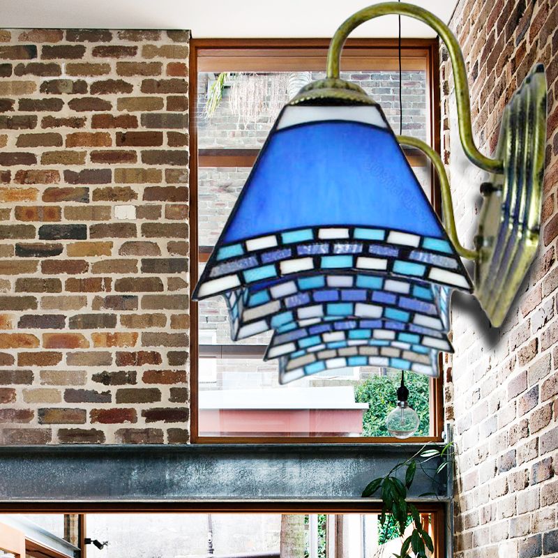 Blue Glass Pyramid Wall Mounted Light Mediterranean 2 Heads Bronze Sconce Lighting