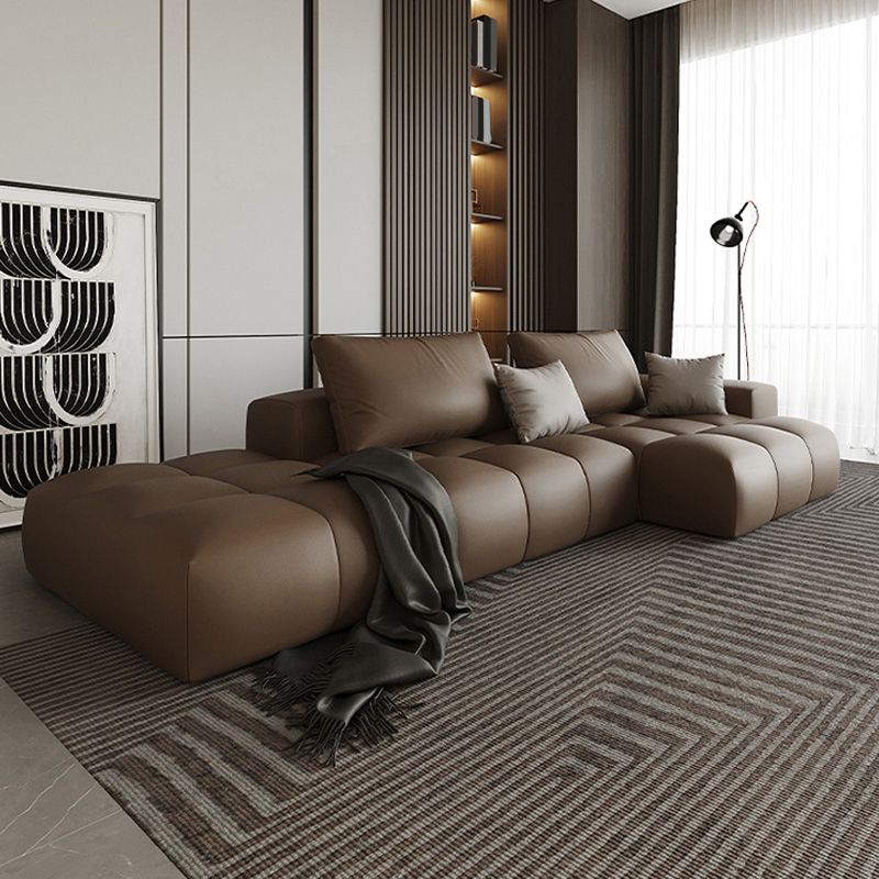 Dark Brown Faux Leather Sectional Stain-Resistant One Arm Sectional for Living Room