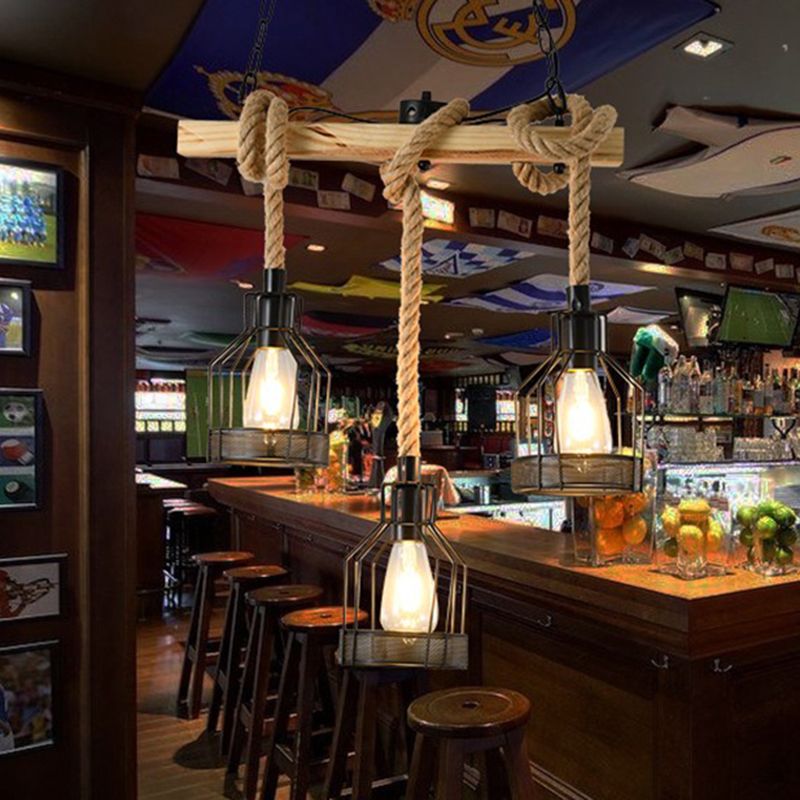 Industrial Wood Pendant Light Linear Shape Island Light with Metal Shade for Bar Counter