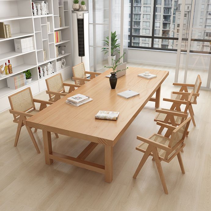 Rectangle Pine Solid Wood Table Modern Dining Table Trestle Base for Restaurant