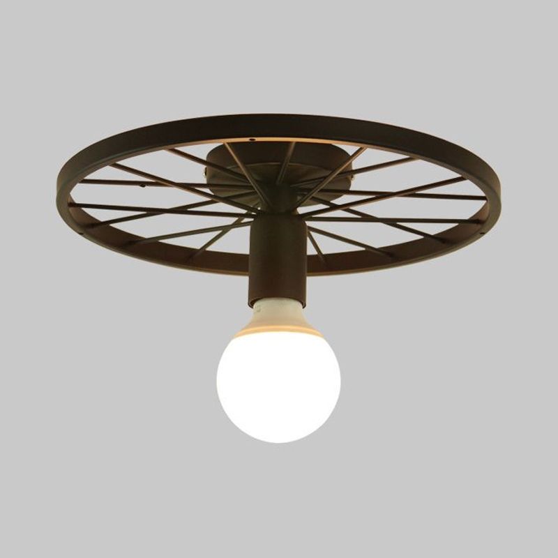 Wheel Shaped Corridor Semi Flush Pendant Light Retro Metal 1 Bulb Black Finish Semi Mount Lighting