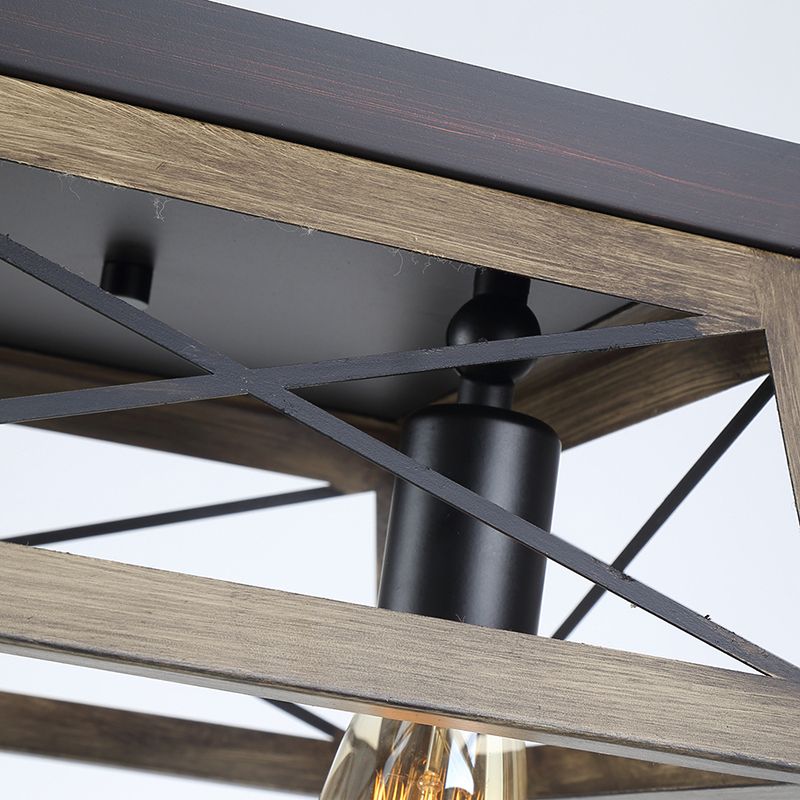 Lámpara de techo con marco de madera cuboide, lámpara de montaje empotrado de color marrón claro con 2 luces