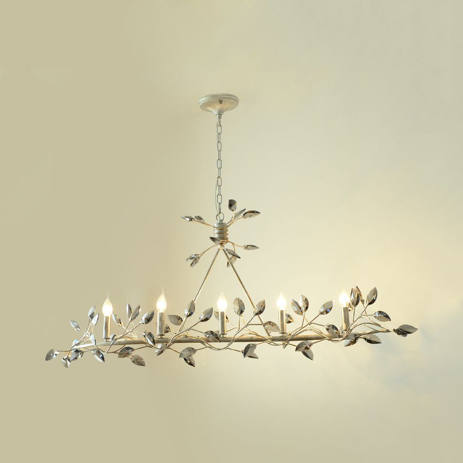Silver/Gold Leaf Island Pendant Modernism Crystal 5 Heads Hanging Light Fixture for Dining Room