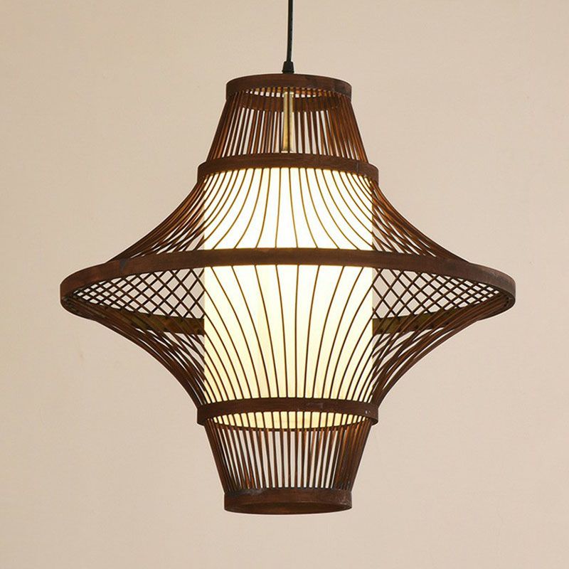 Flared Bamboo Pendant Light Fixture Asian Single Bulb Suspension Lighting with White Shade Inner
