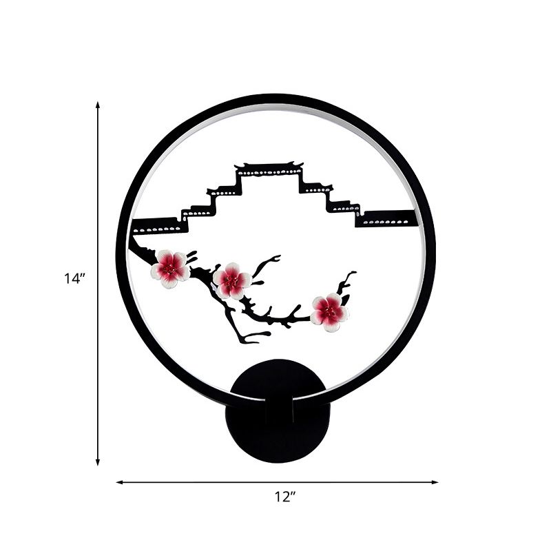 Éclair mural à LED de lit de chevet de fleur de fleur de prune chinoise avec anneau en noir