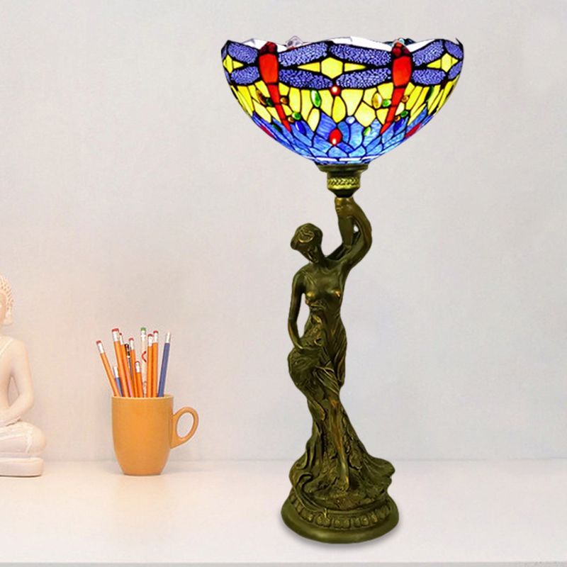 Bowl Table Lighting 1 Head Stained Glass Baroque Petal/Dragonfly Patterned Night Lamp in Brass with Resin Naked Woman Base