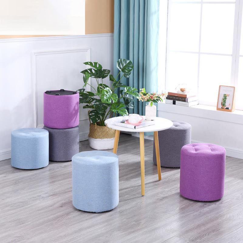 Contemporary Pouf Ottoman Fabric Upholstered Tufted Solid Color Cylinder Shape Ottoman