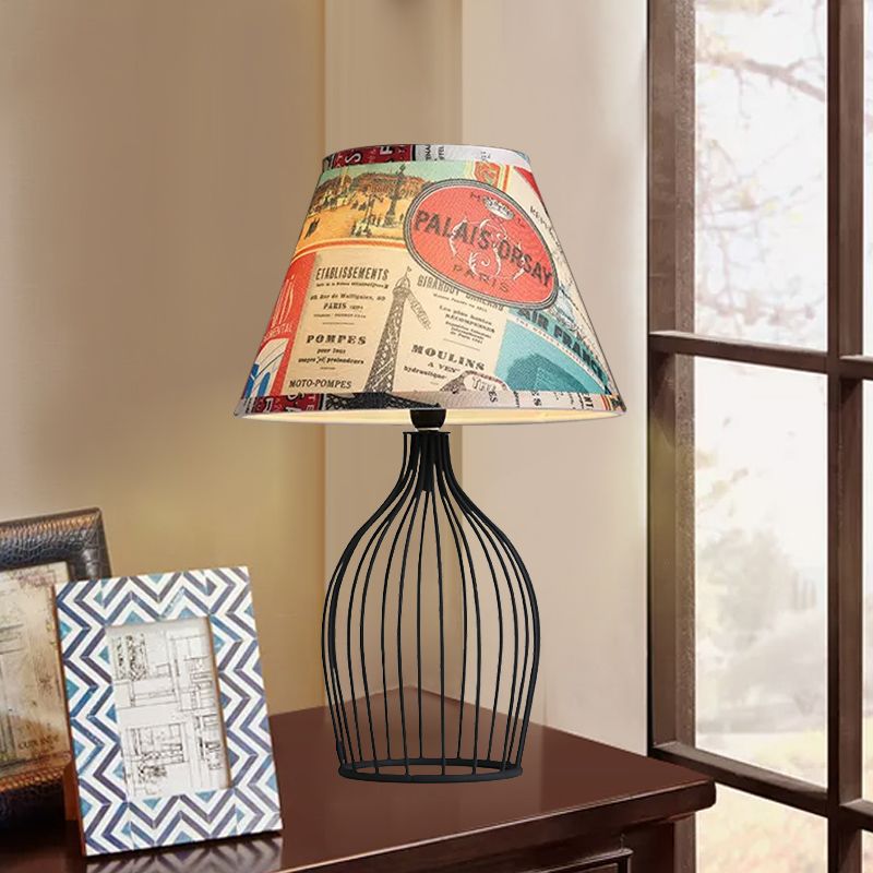 1 Head Barrel Night Table Lamp Traditional Black Nightstand Lighting with Metal Wire Cage Base