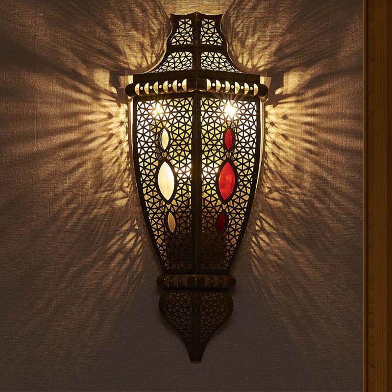 2-Bulb Wall Sconce Lamp Arab Style Hollow Out Metallic Wall Flush Mount Light in Black
