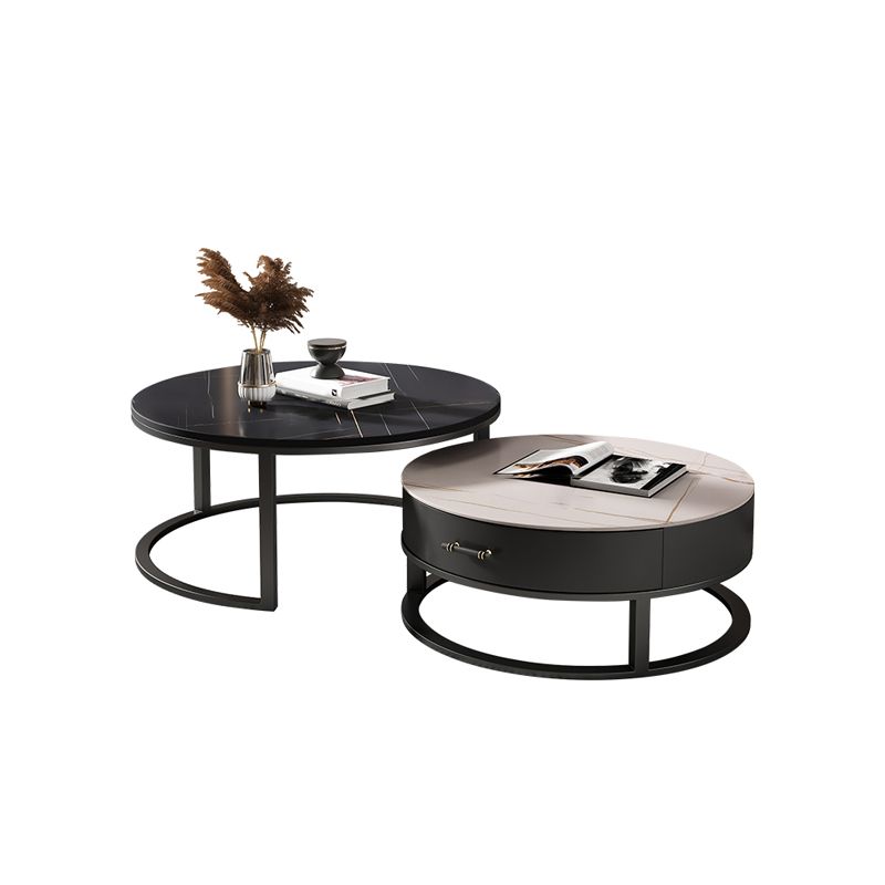 Round Slate Top Coffee Table Set Frame Cocktail Table with Storage Drawers