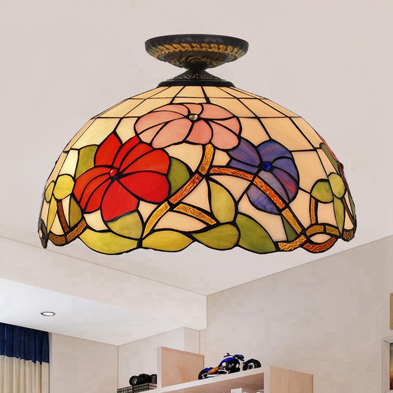 Tiffany pivoine encastré 1 ampoule verre coloré bronze lampe d'éclairage près du plafond, 12 "/ 16" de large