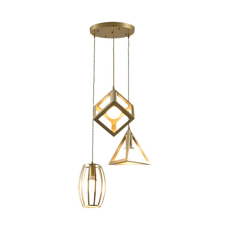 Metal Golden Hanging Lamp Wire Frame 3 Lights Farmhouse Suspended Light with Round/Linear Canopy for Living Room