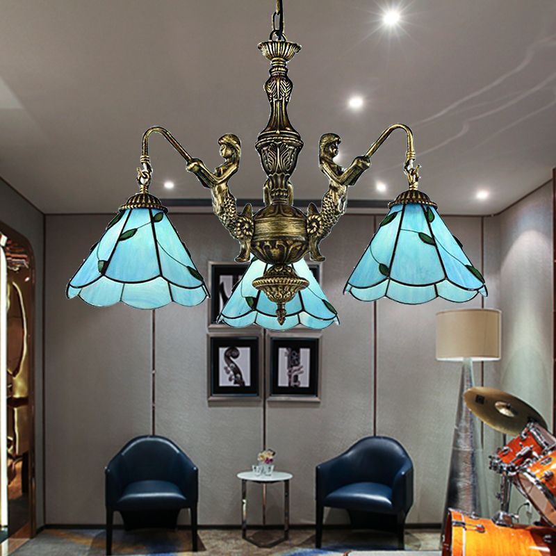 3/5 luci illuminazione lampadario illuminazione Tiffany conico con vetrate piena di soffitto in blu con design della sirena