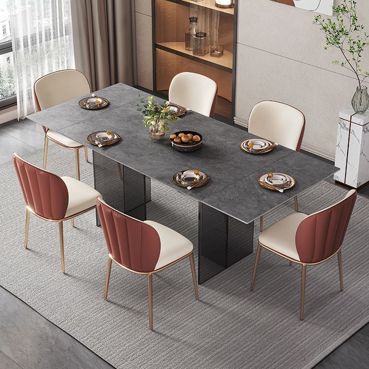 Industrial Sintered Stone Dining Table Rectangle Table with Acrylic Double Pedestal