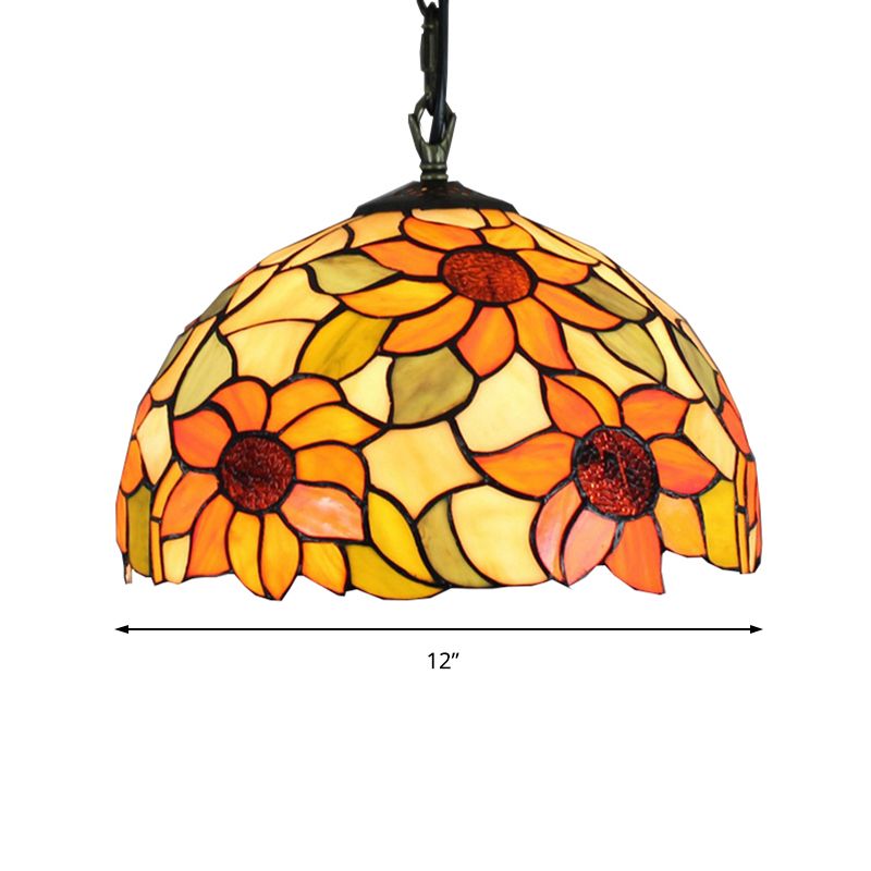 1 Bulb Living Room Hanging Lamp Tiffany Ceiling Pendant Light with Sunflower Orange Cut Glass Shade